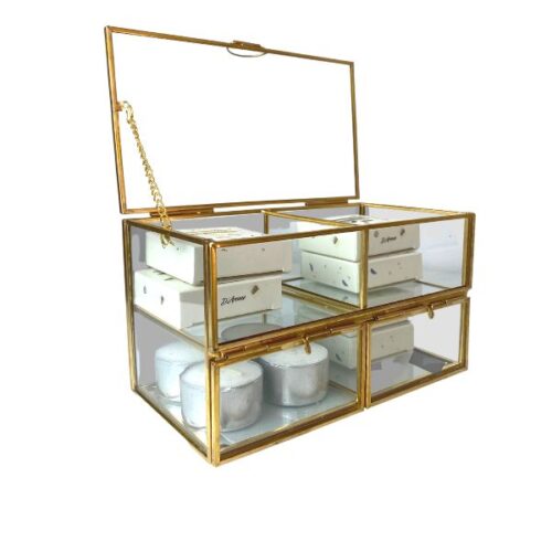 caja de cristal con bordes dorados para guardar ceras y velas para quemador darome