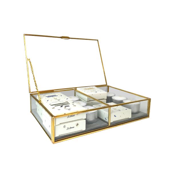 caja de cristal con bordes dorados para guardar ceras y velas para quemador darome