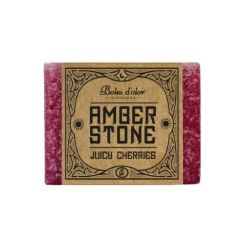 Tarta de cera perfumada de color rosa, Juicy Cherries (Cherry cherry) - Amber Stone de la marca Boles d'olor, hecha a mano con ambreina vegetal y aceite vegetal, con una fragancia dulce e intensa a cereza, ideal para perfumar el hogar con cualquier quemador de velita o eléctrico, disponible en D'Arome.