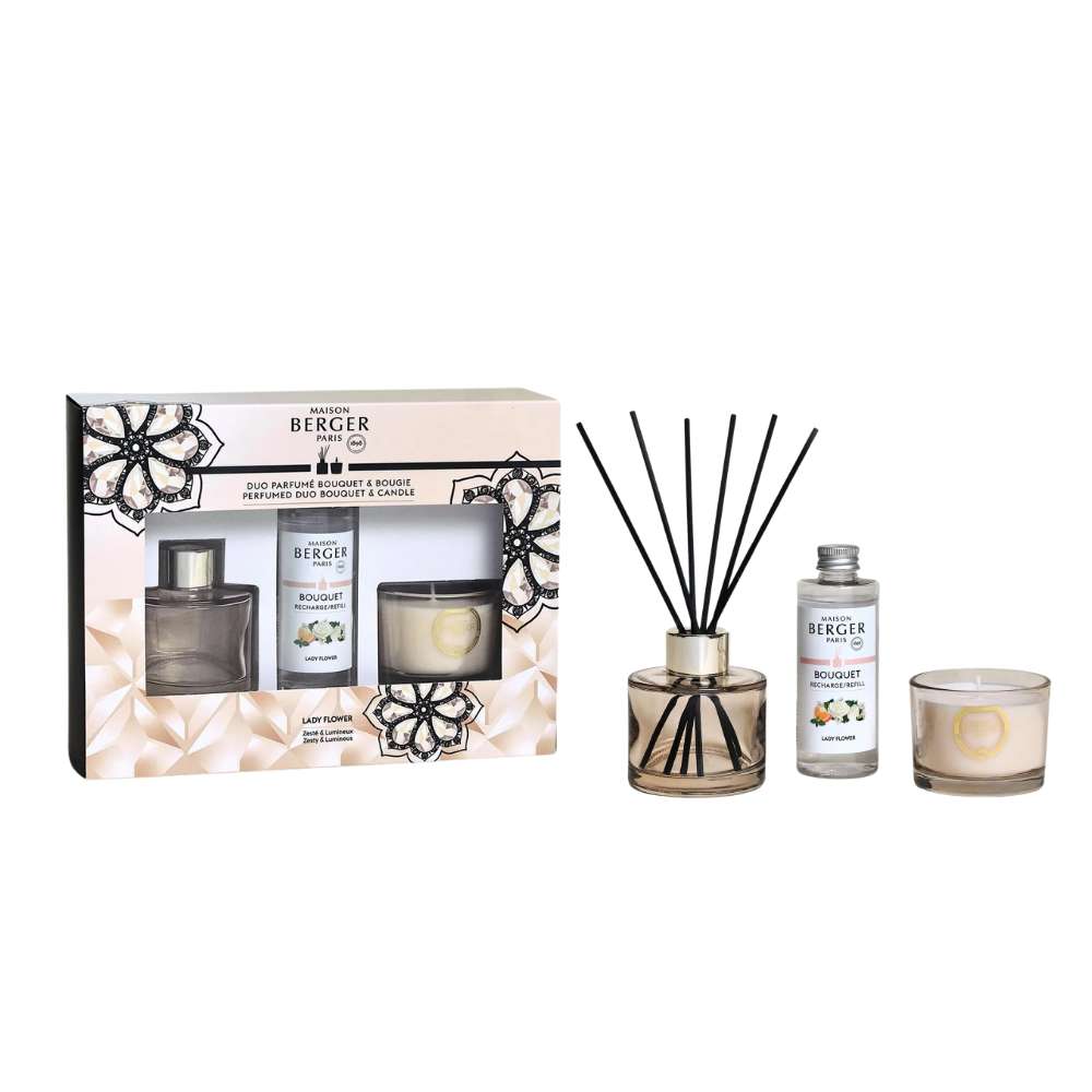Descubre el dúo mini bouquet y vela Eternity Nude de Maison Berger. Un set elegante con aroma Lady Flower. ¡Ideal para regalar o mimarte!