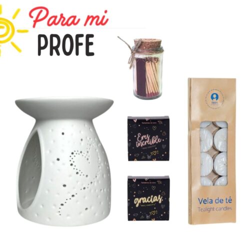 Un detalle con mensaje para tu profe. Quemador + tartaletas que dicen “gracias por ser increíble” con buen olor. ¡Acierta seguro!