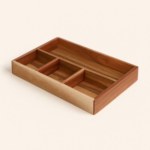 Organizador MARTINA madera natural de 30x20x4,5 cm. Guarda tartas de cera, brumas y accesorios de aroma con estilo.