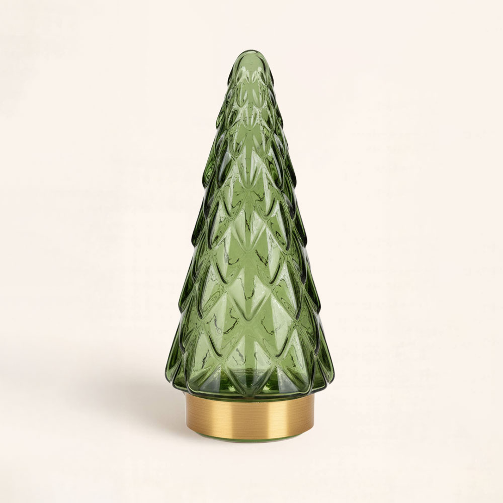 arbol-de-navidad-brillo-luz-led-decoracion-hogar Árbol de navidad Brillo luz LED de 24 cm. Diseño elegante en cristal verde y base dorada. Perfecto para decorar con estilo estas navidades.