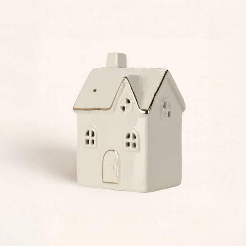 Casita con luz Alba. Cerámica blanca con luz cálida y diseño minimalista. Perfecta para crear ambientes acogedores. carga la batería y disfrútala.