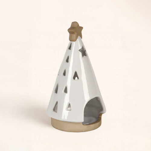 Portavelas Árbol de Navidad Blanco pequeño de 15 cm. Luz cálida y elegante con diseño navideño artesanal. 🤍 Ideal para decorar o regalar.
