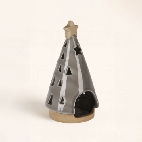 Portavelas Árbol de Navidad Gris pequeño de 15 cm. Estilo elegante y moderno con luz cálida ideal para decorar tu Navidad. ¡Hazlo tuyo ahora!