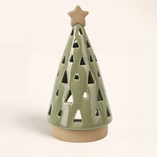 Portavelas Árbol de Navidad Verde grande. Luz suave y diseño artesanal para una Navidad natural y acogedora. ¡Ponle una vela de té perfumada!