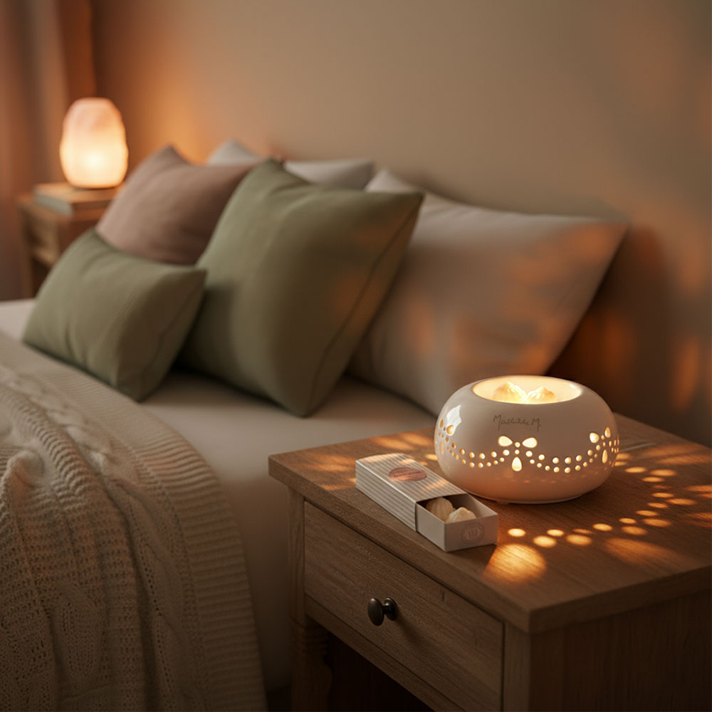 quemador-ceras-perfumadas-perle-mathilde-tartas-aroma-marquise-ambiente-dormitorio-encendido Pack - Quemador Eléctrico Perlé + Ceras Perfumadas Marquise - Imagen 4